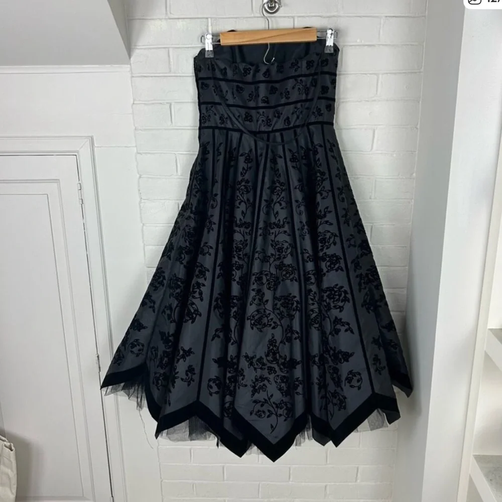 Rare Vintage Betsey Johnson Strapless Gray w/Black Velvet Trim Witchy Goth Dress - Picture 9 of 15